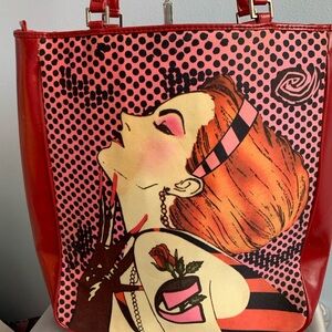 Double Handle Tote Handbag Red Leather 2-Sided Large Graphics Beaded Bag Women
